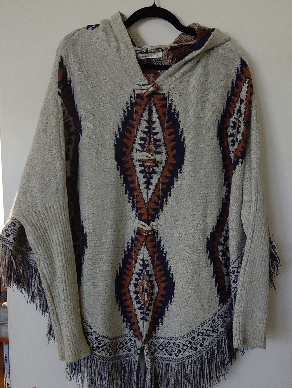 Boho Fringe Hooded Sweater Poncho - Cream with Brown & Navy Aztec Pattern